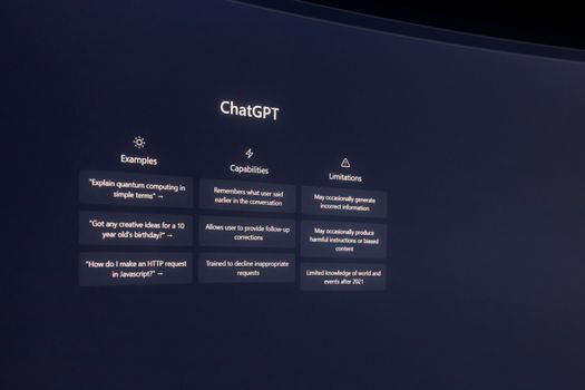 Illustratie van OpenAI en AI-toepassingen op werk, zoeken, taal en consumententechnologie zoals laptops en oordopjes